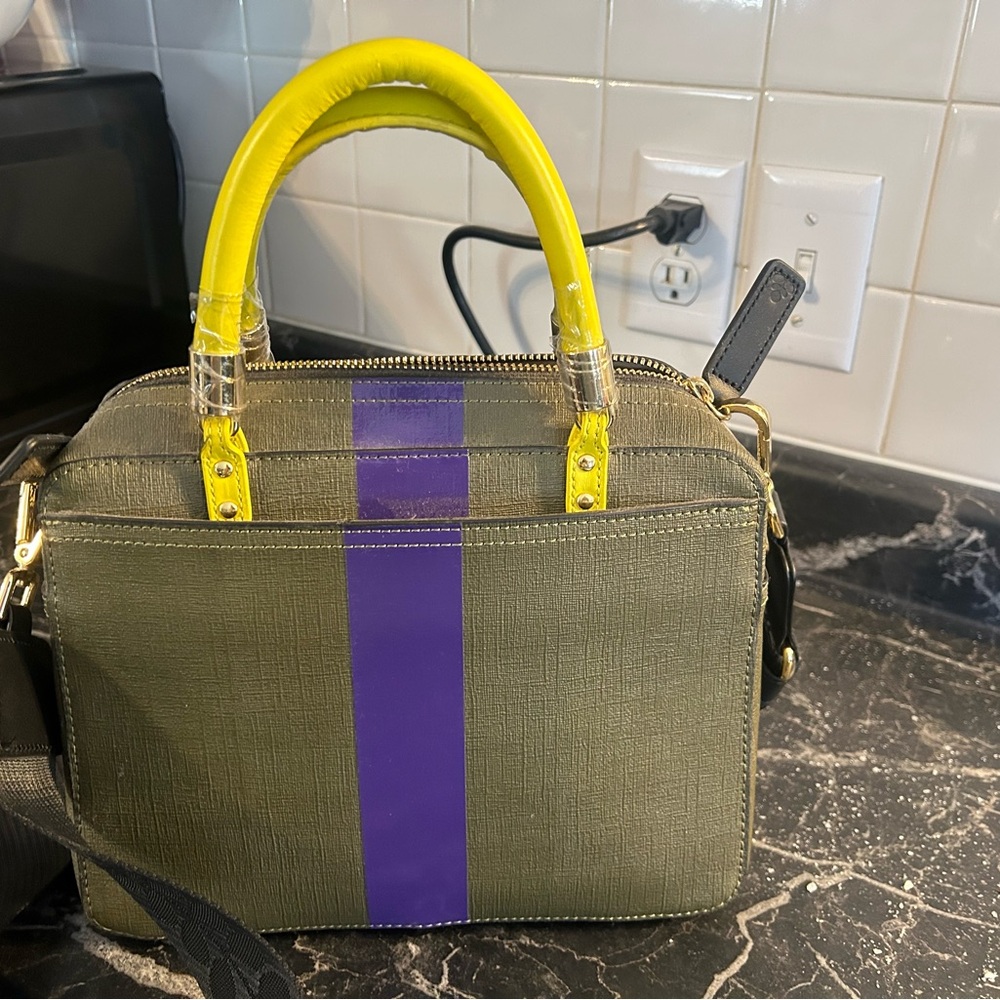 Orla Kiely Olive and Yellow Satchel with Purple Stripe - Picture 4 of 6